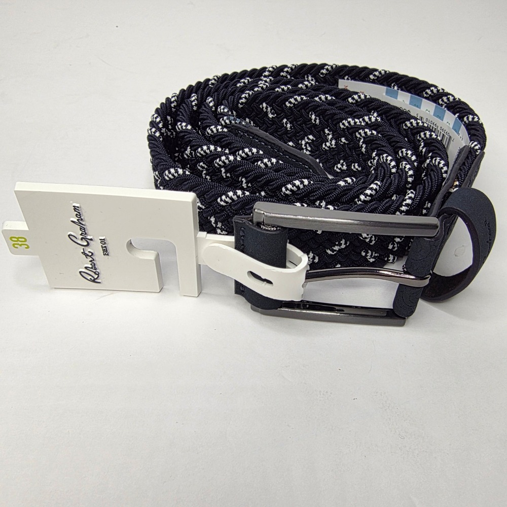 NWT Robert Graham Jacob Braided Woven Stretch Belt Navy White Paisley Leather 38